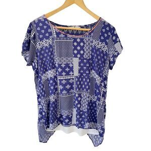 Tu Navy White Patchwork Asymmetrical Open Back Short Sleeve Blouse